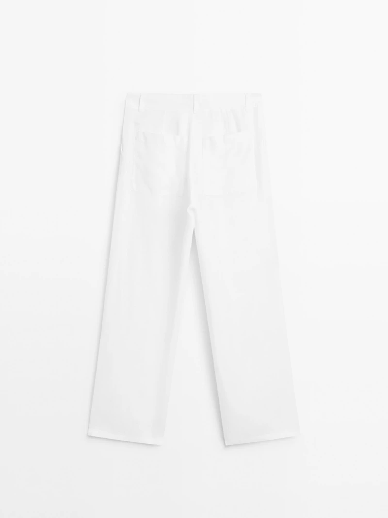 100% linen wide-leg mid-rise trousers