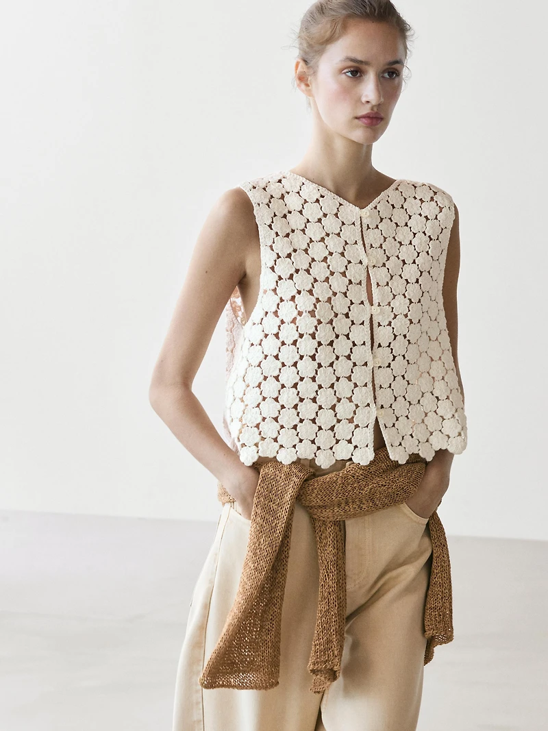 Cotton crochet vest with floral details