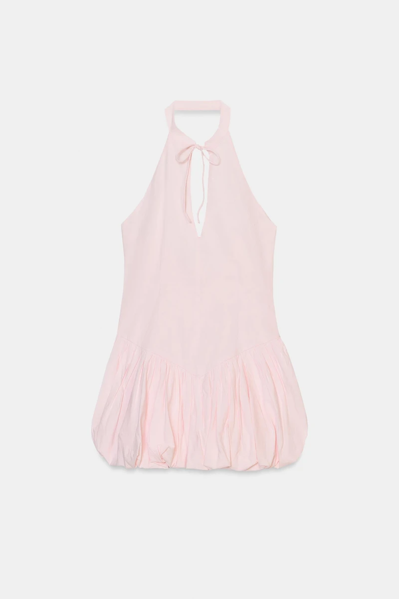 SHORT POPLIN HALTER BALLOON DRESS