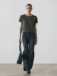 Short knit alpaca and wool sweater