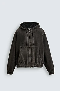 FLEECE LINED DENIM JACKET WITH HOODIE