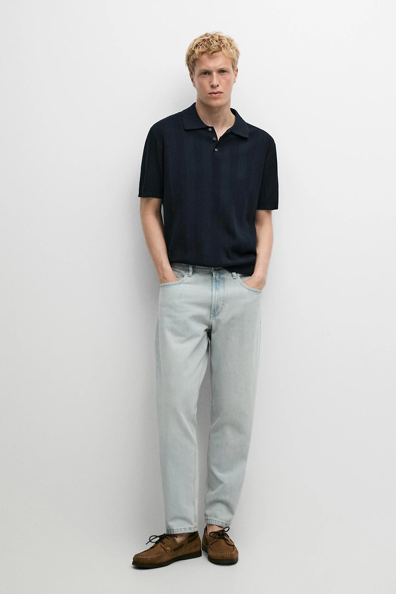 100% cotton textured striped knit polo shirt
