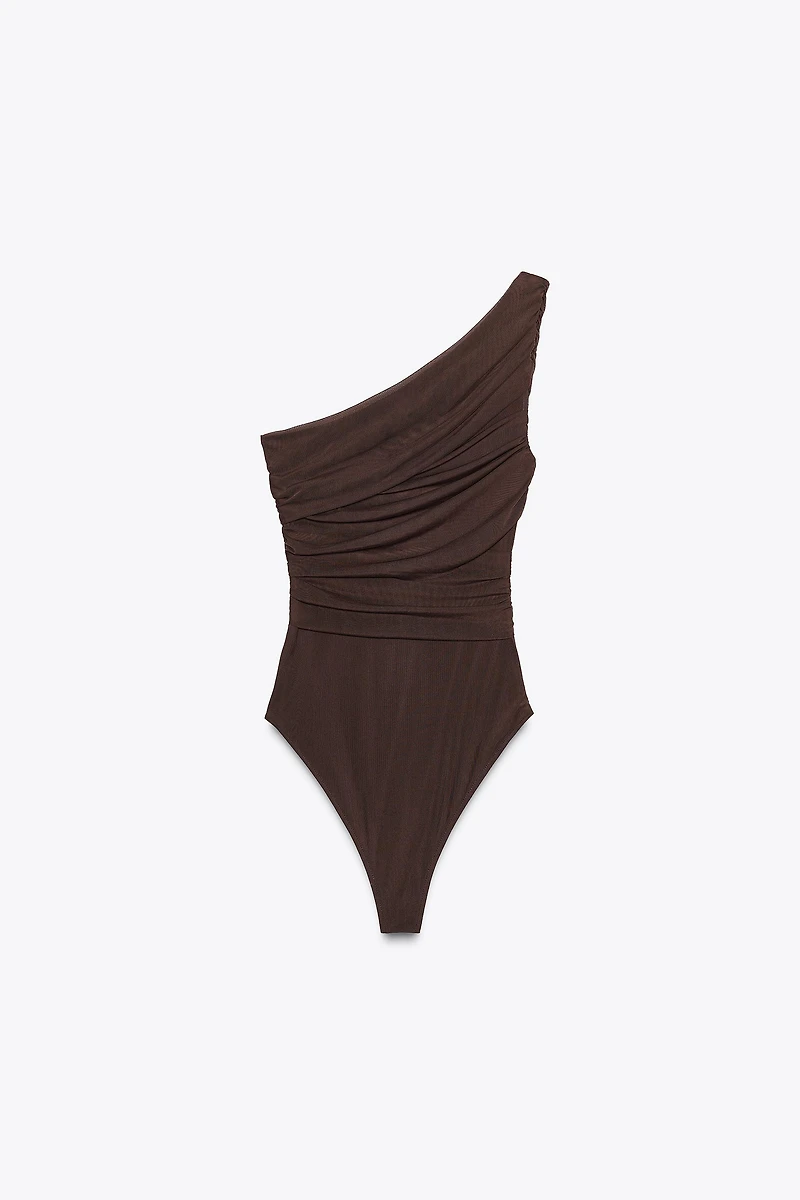 ASYMMETRIC DRAPED TULLE BODYSUIT