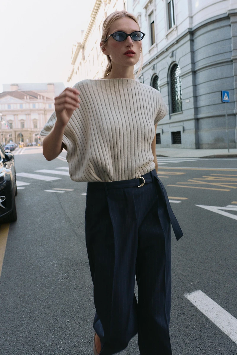PINSTRIPE BELTED PANTS