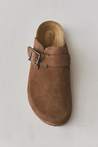 LEATHER MULE CLOG SLIPPERS WITH BUCKLE AND TOPSTITCHING DETAIL