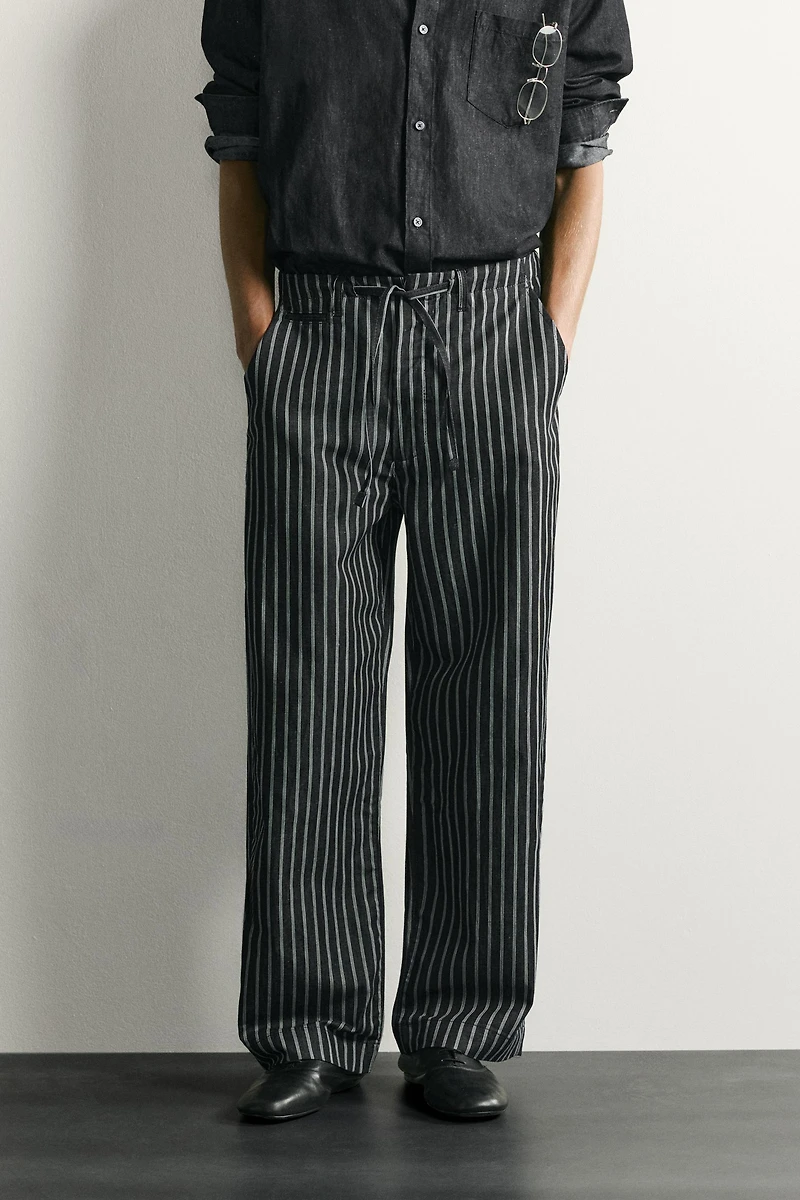 STRIPED COTTON-LINEN DENIM PANTS