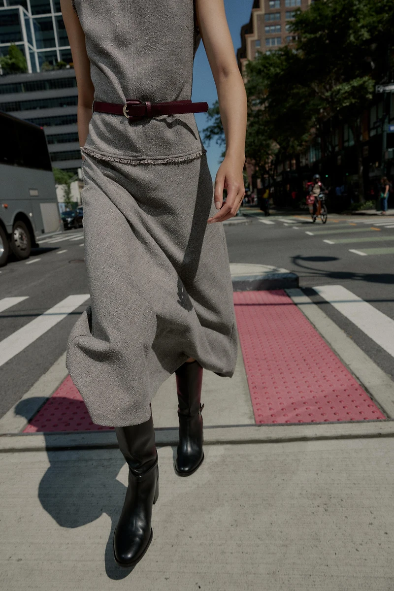 TEXTURED BELTED MIDI DRESS
