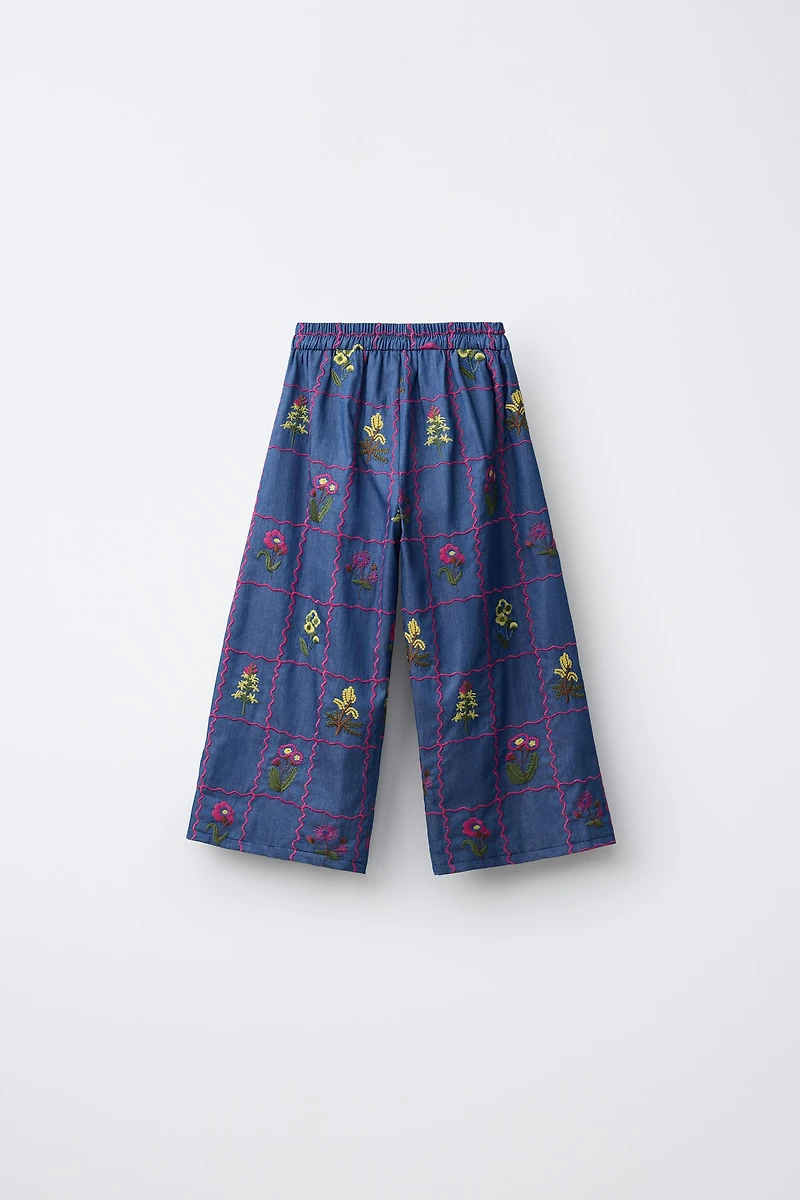 EMBROIDERED WIDE LEG PANTS