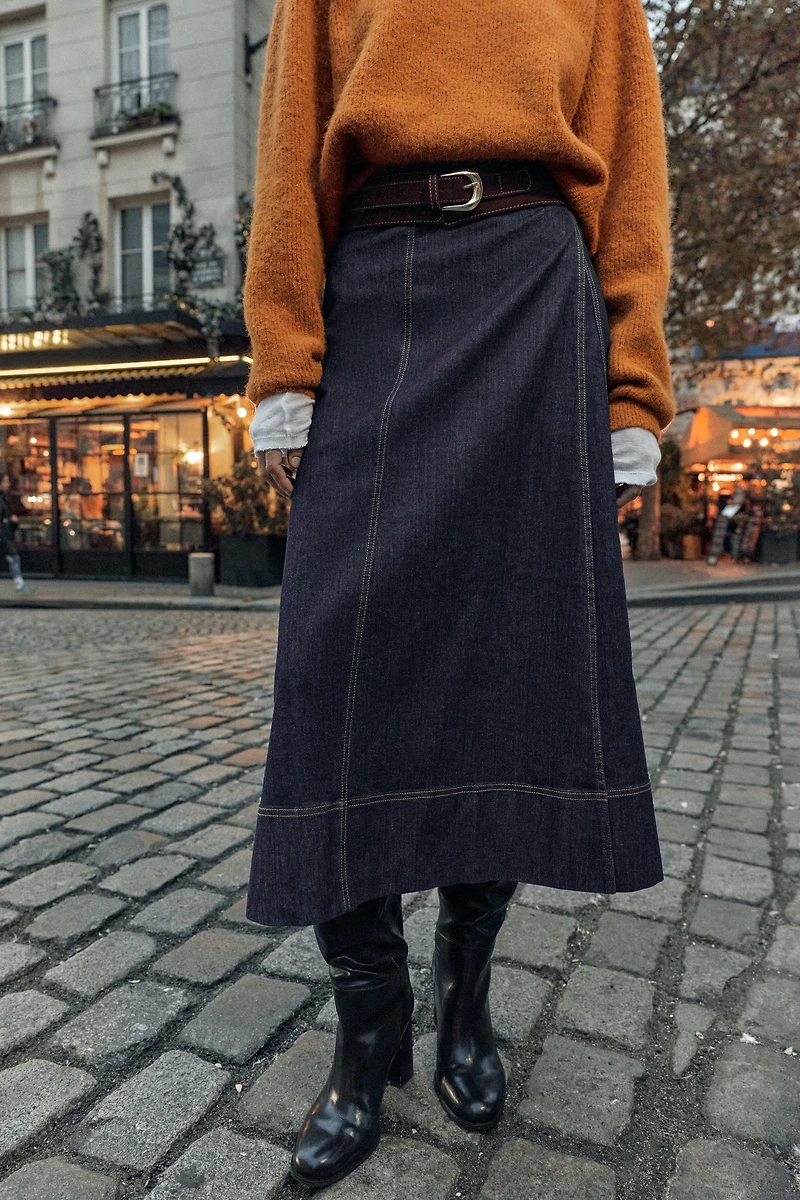 Z1975 BELTED WRAP DENIM MIDI SKIRT