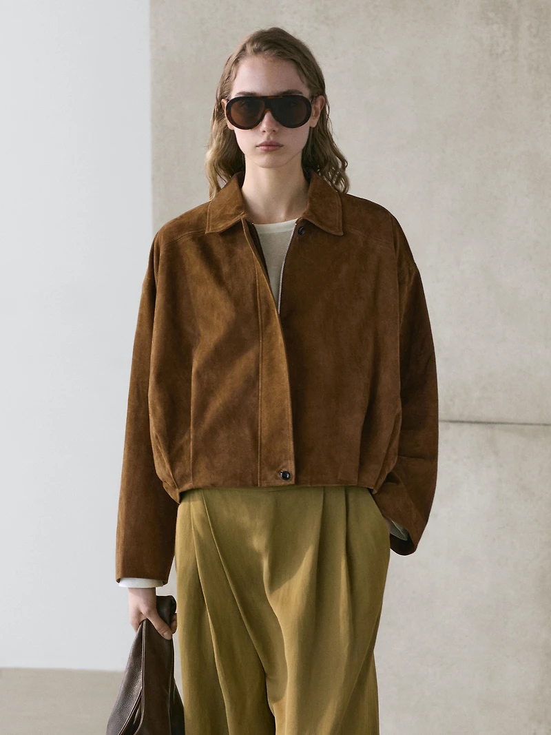 Short suede leather bomber jacket