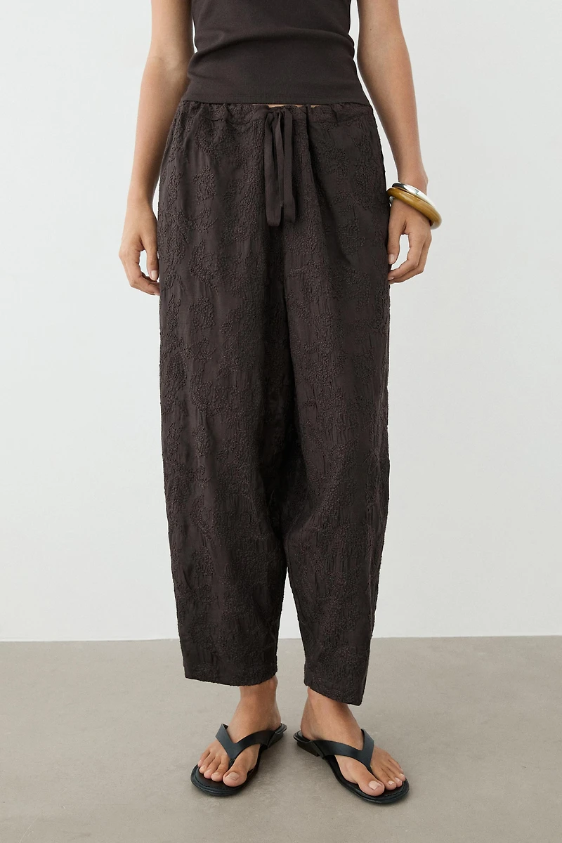 Embroidered flowing barrel fit trousers