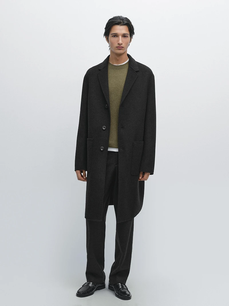 Manteau long à revers en laine mélangée