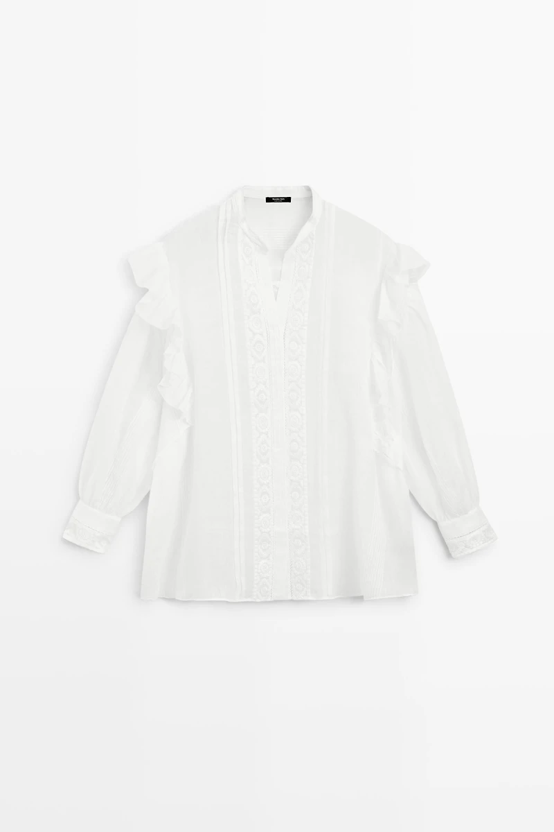 Stand collar blouse with embroidery and ruffles