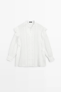 Stand collar blouse with embroidery and ruffles