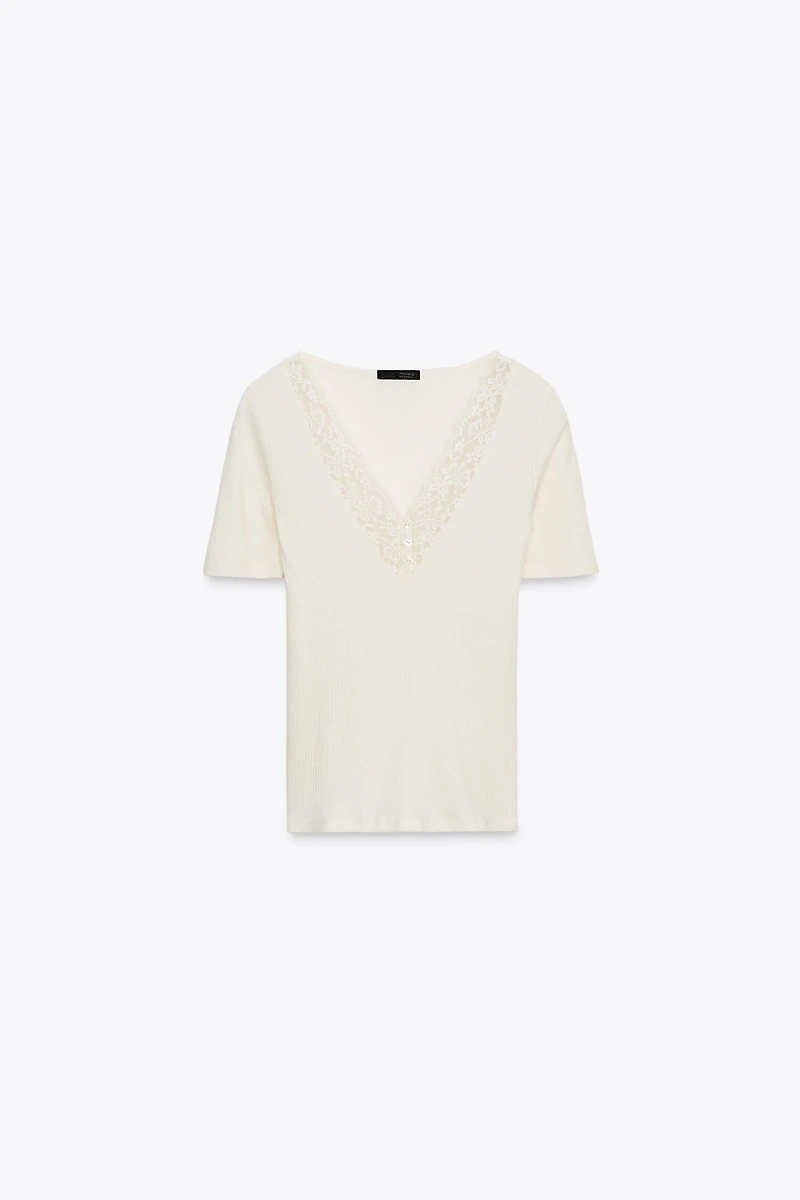 T-SHIRT CÔTELÉ DENTELLE