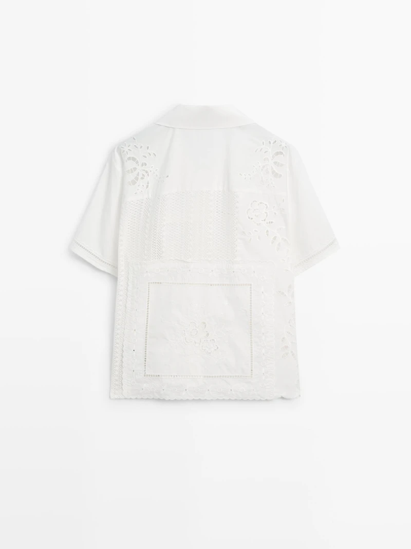 Embroidered short sleeve patchwork shirt