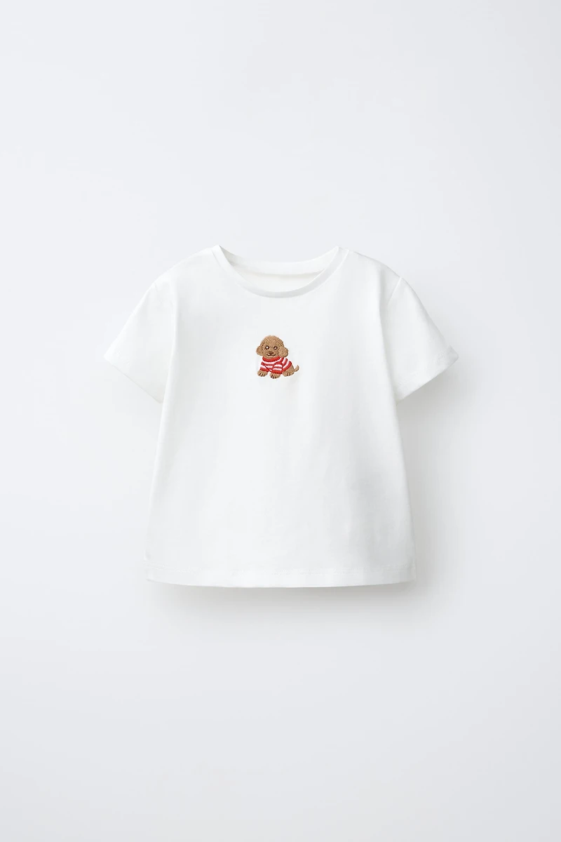 STRIPED SHIRT AND EMBROIDERED PUPPY T-SHIRT SET