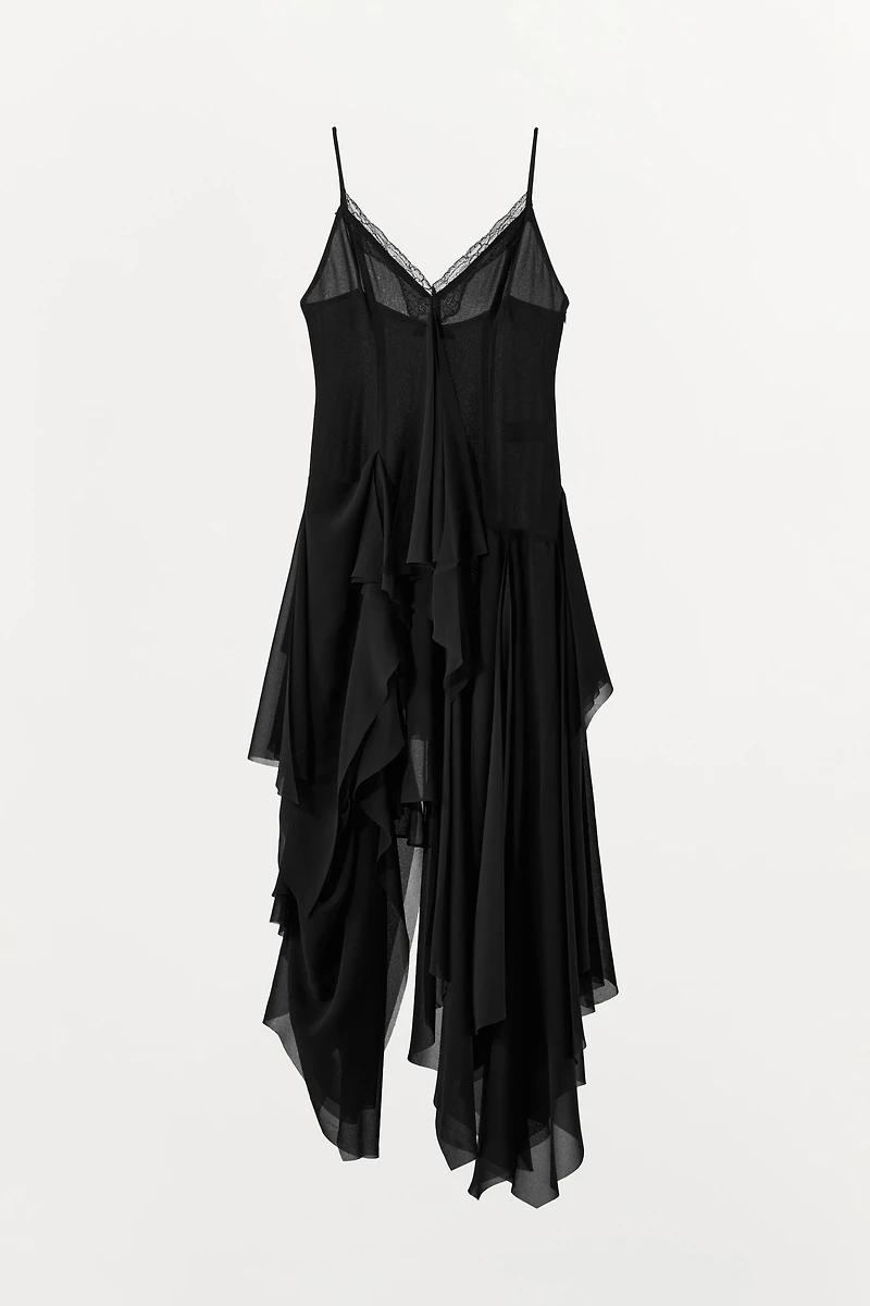 LACE TRIM RUFFLED STRAPPY DRESS