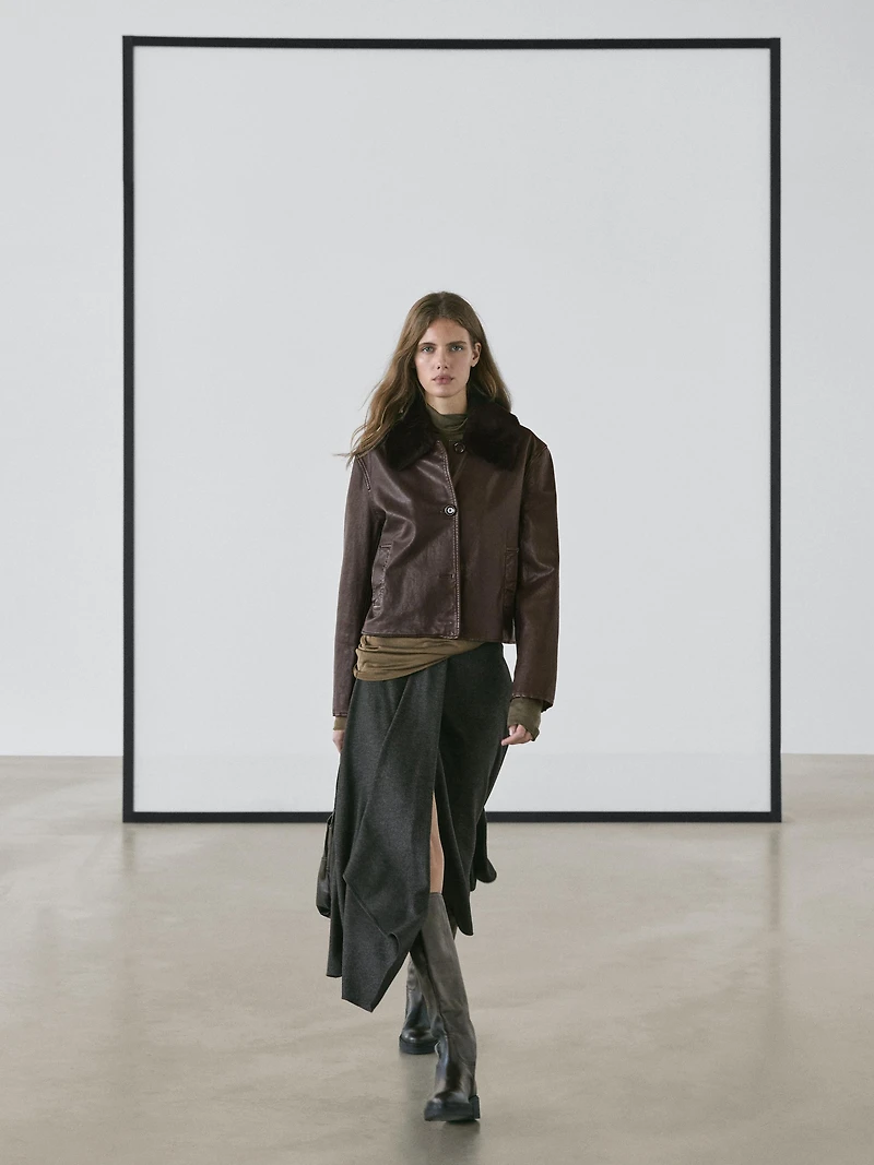 Veste en cuir nappa à col fourrure