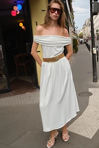 OFF-THE-SHOULDER COMBINATION MIDI DRESS WITH BELT