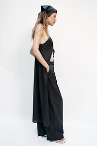 STRAIGHT LEG LINEN PANTS WITH LACE TRIM