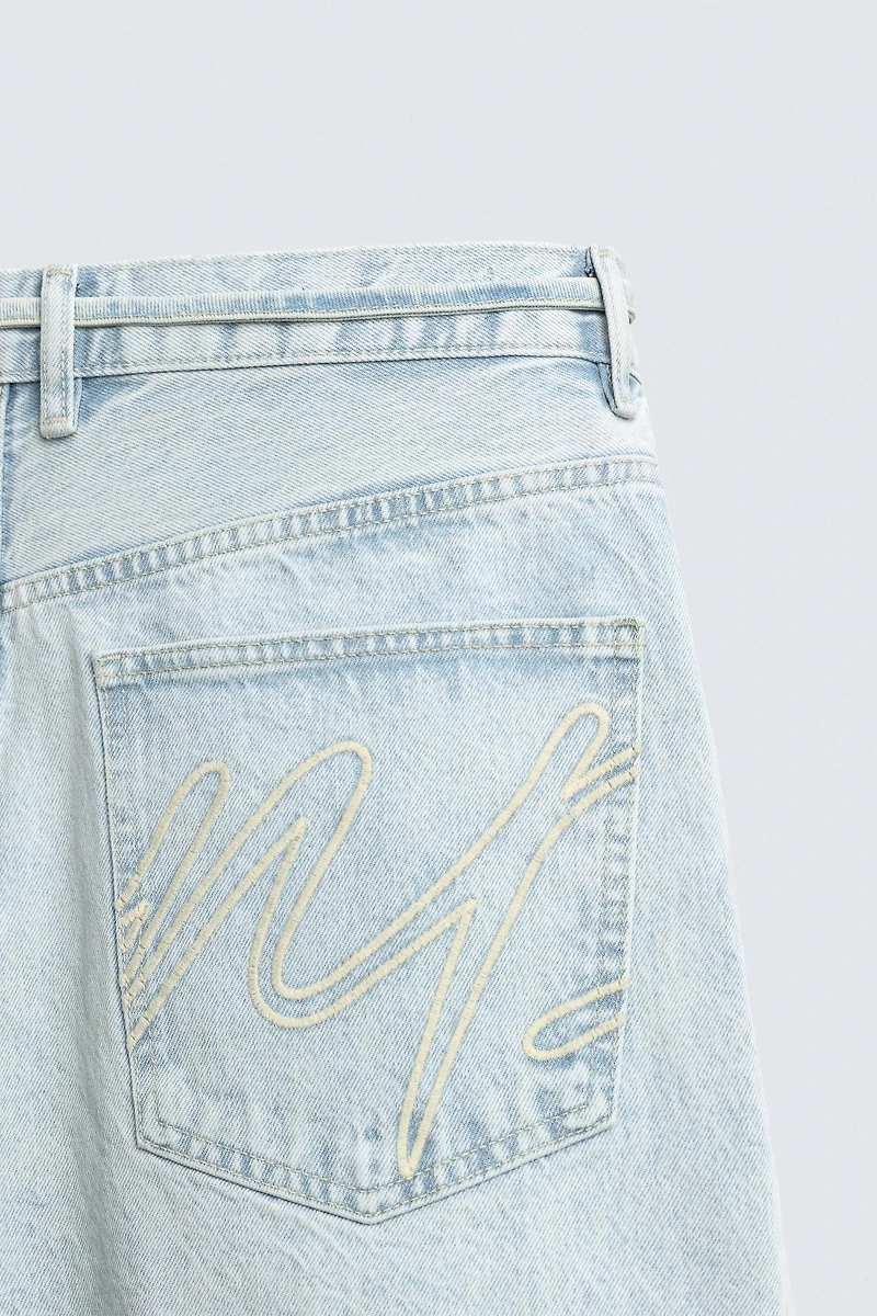 EMBROIDERED BAGGY FIT DENIM JORTS