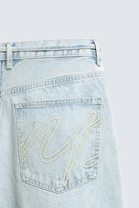 EMBROIDERED BAGGY FIT DENIM JORTS