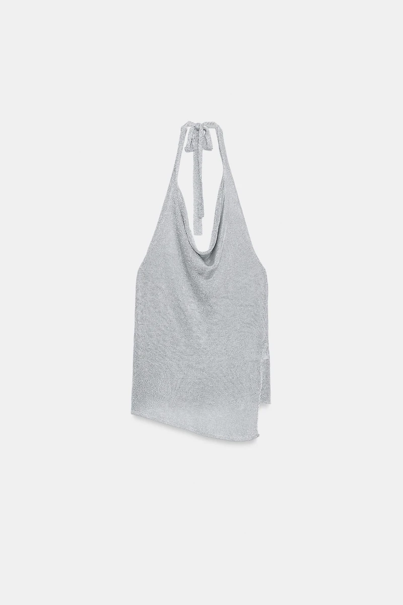 METALLIC THREAD KNIT HALTER TOP