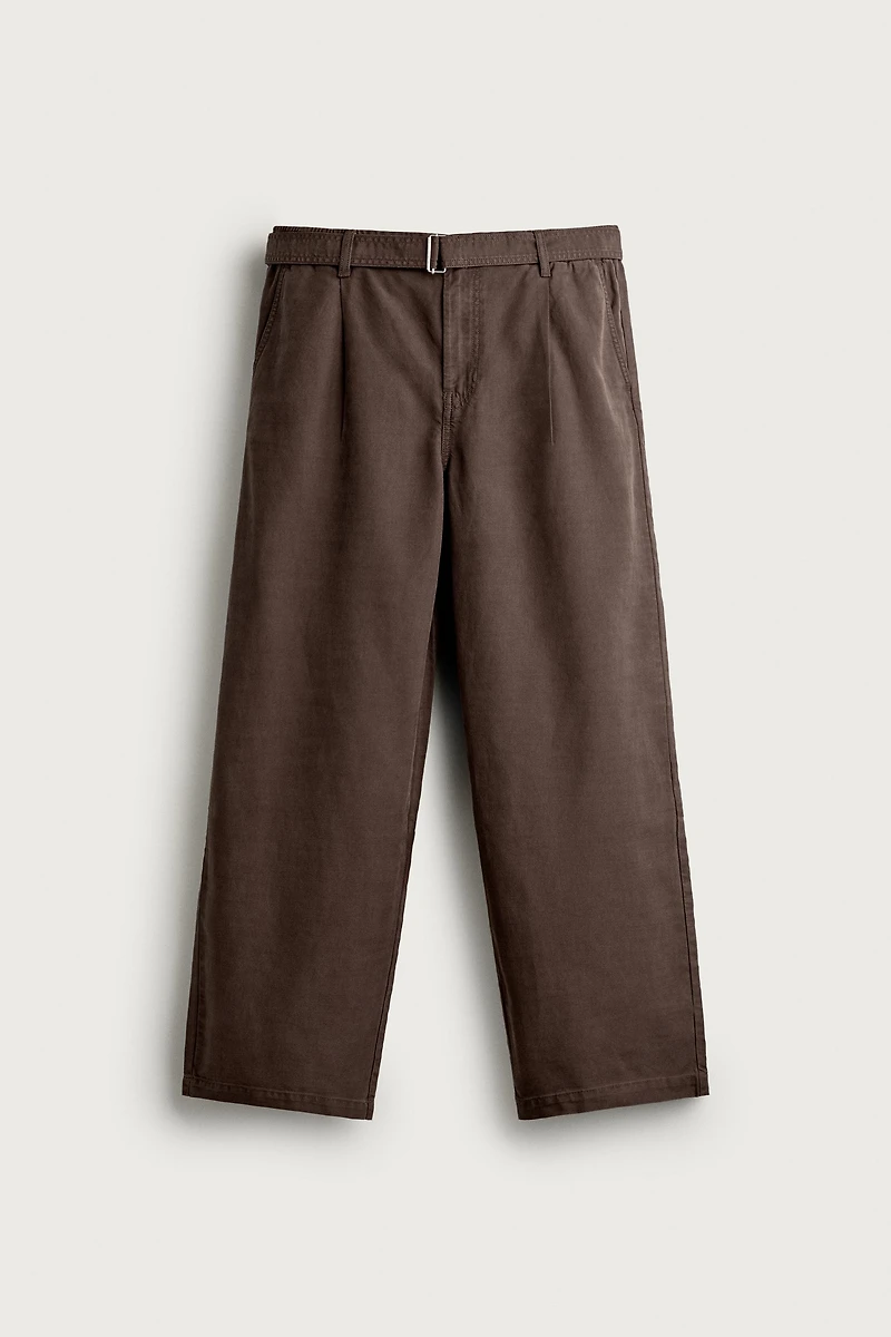 RELAXED FIT BELTED PLEATED PANTS