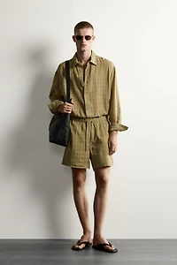 LINEN COTTON BLEND CHECKERED JACQUARD SHORTS