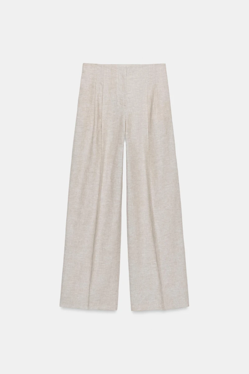 LINEN STRAIGHT FIT PLEATED PANTS