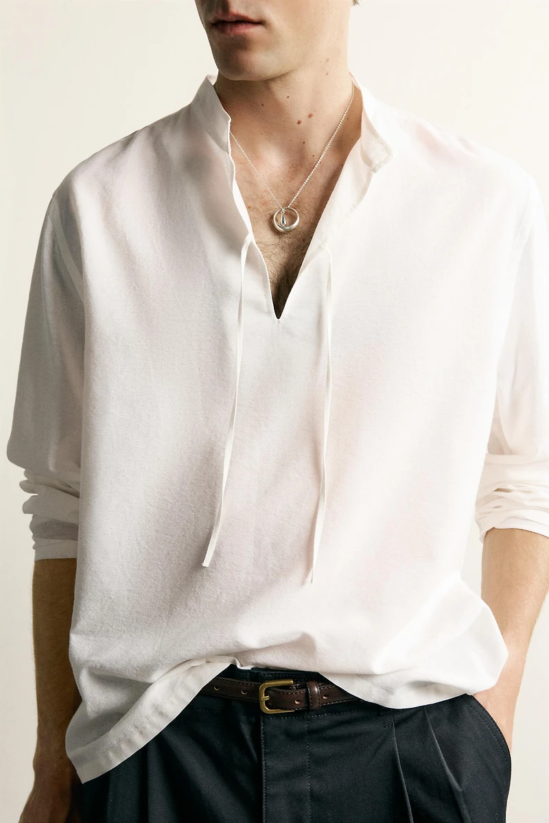 COTTON VISCOSE TIE DETAIL RELAXED FIT SHIRT