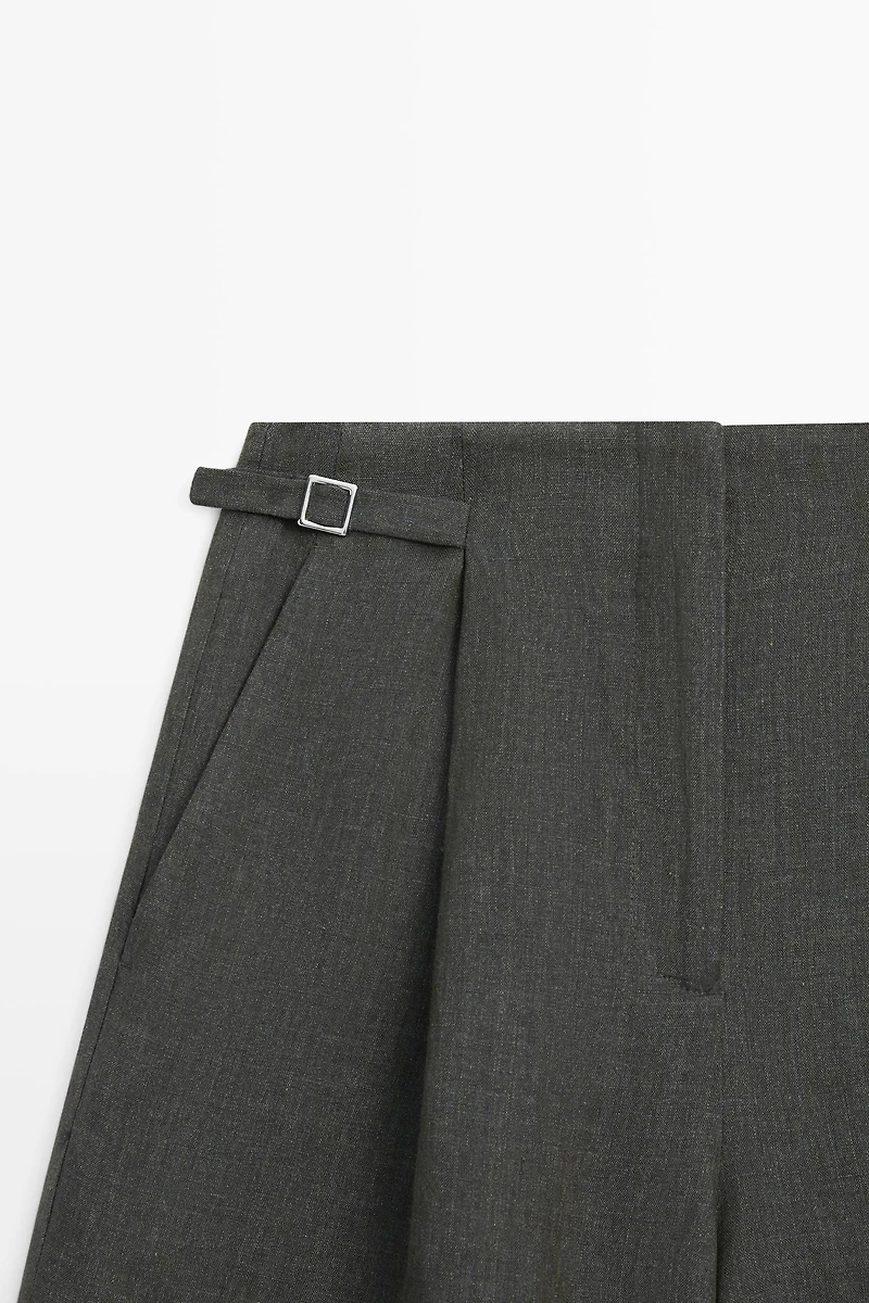 Long melange linen Bermuda shorts with buckle detail