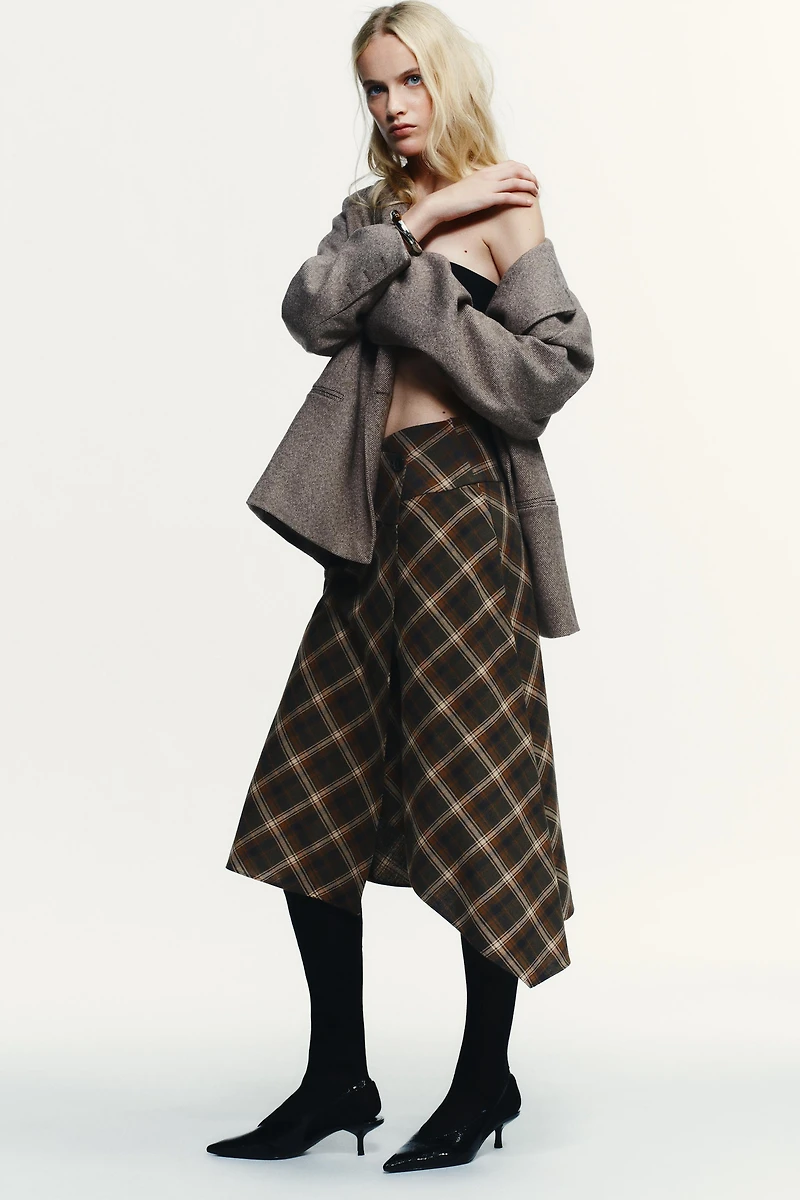 ASYMMETRIC PLAID MIDI SKIRT