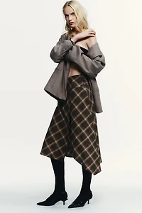 ASYMMETRIC PLAID MIDI SKIRT