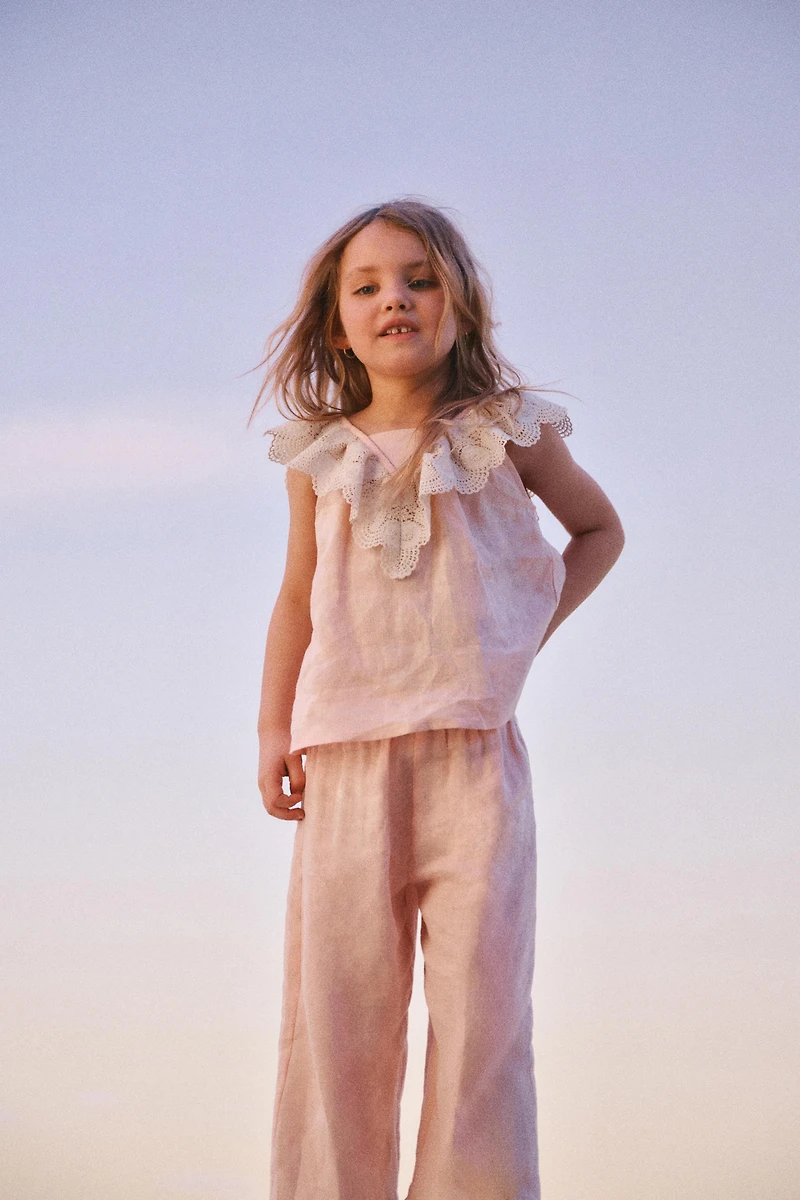 100% LINEN LACE TRIM PANTS