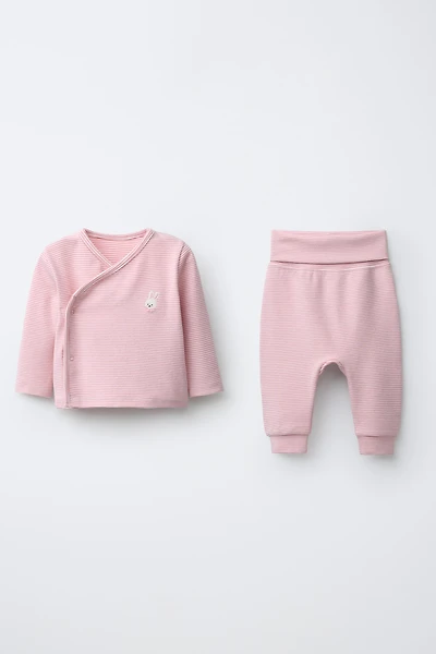 EMBROIDERED BUNNY STRIPED SARAOUL SHIRT AND PANTS SET