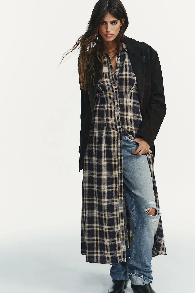PLAID PLEATED MIDI DRESS