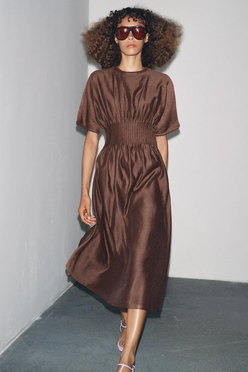 PLEATED WAIST MIXED KNIT DRESS