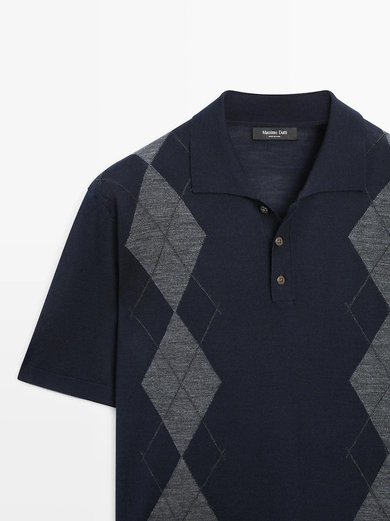 Merino wool blend argyle knit polo sweater