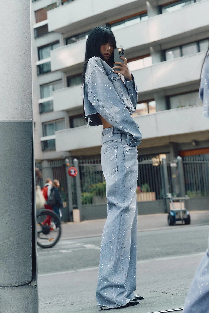 TRF HIGH-WAISTED STRAIGHT-LEG RHINESTONE JEANS