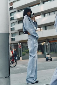 TRF HIGH-WAISTED STRAIGHT-LEG RHINESTONE JEANS