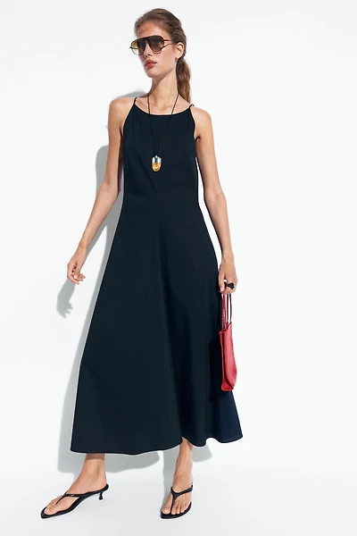 Cotton blend poplin spaghetti strap dress