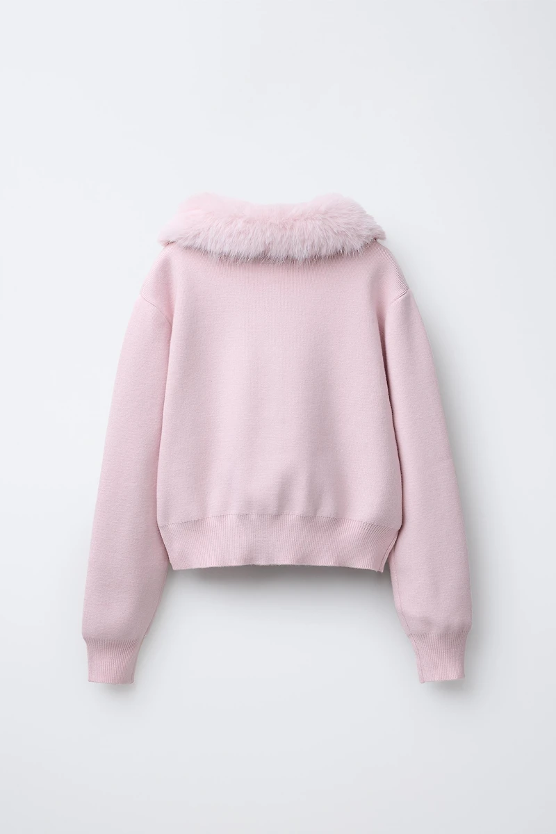 CARDIGAN WITH DETACHABLE FAUX FUR COLLAR