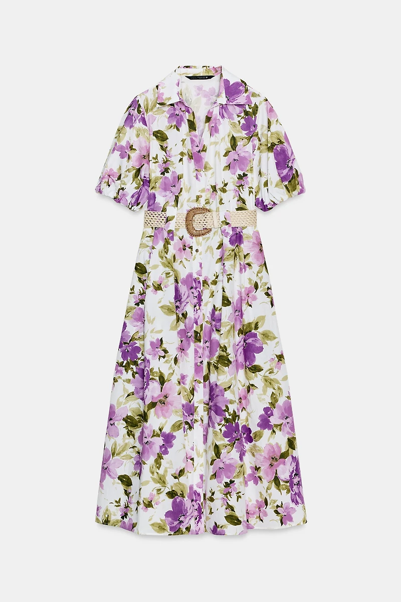 FLORAL PRINT BELTED MIDI DRESS