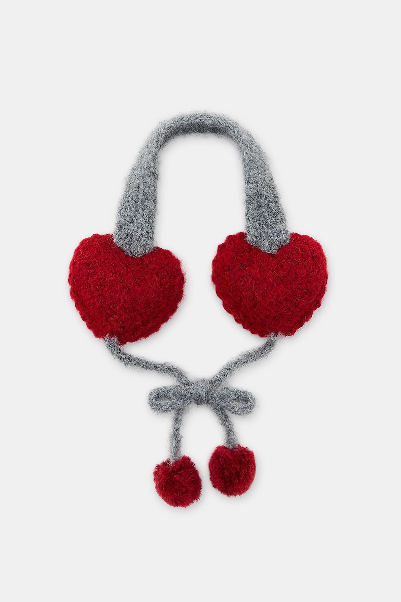 KNITTED HEART POMPOM EARMUFFS