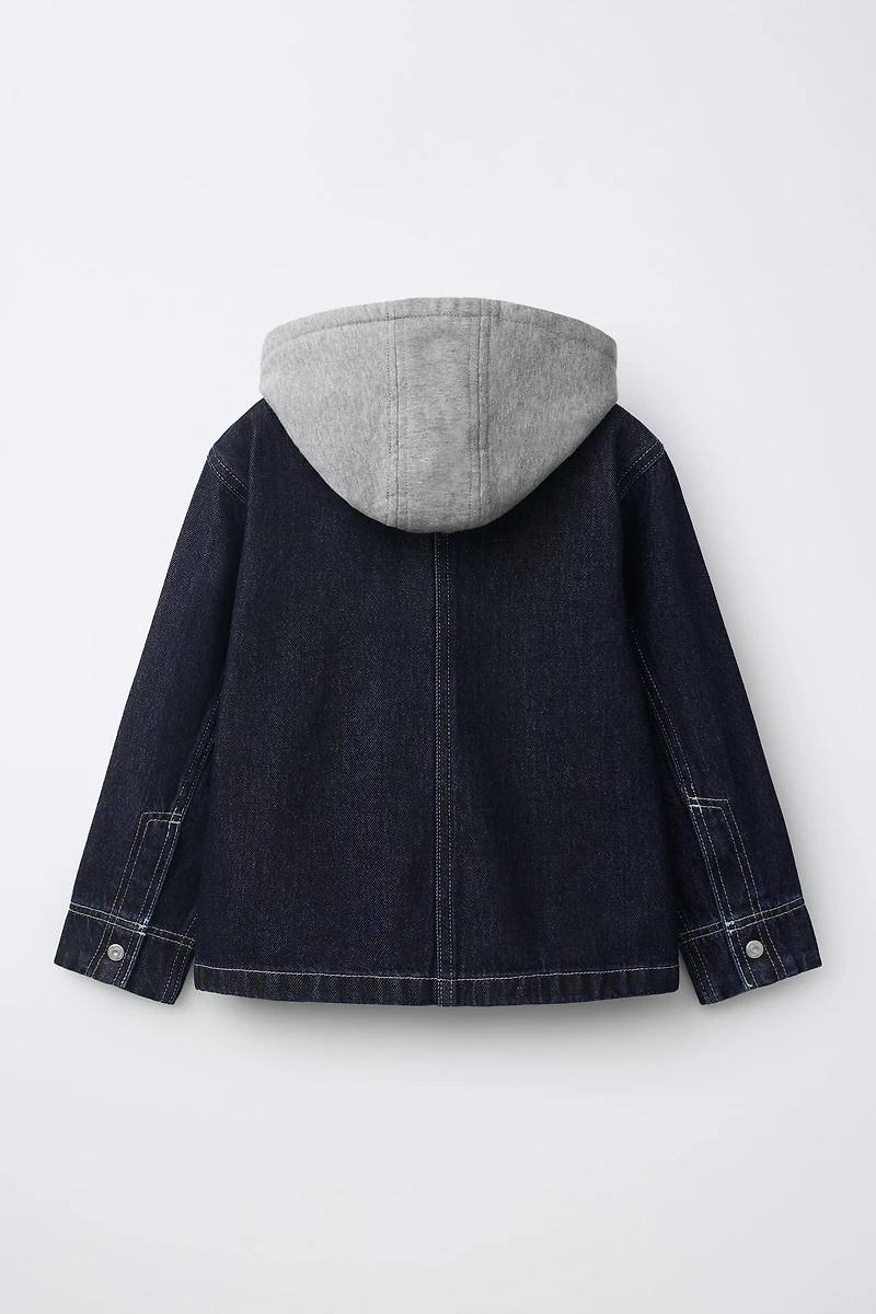 DENIM OVERSHIRT WITH DETACHABLE FLEECE HOOD