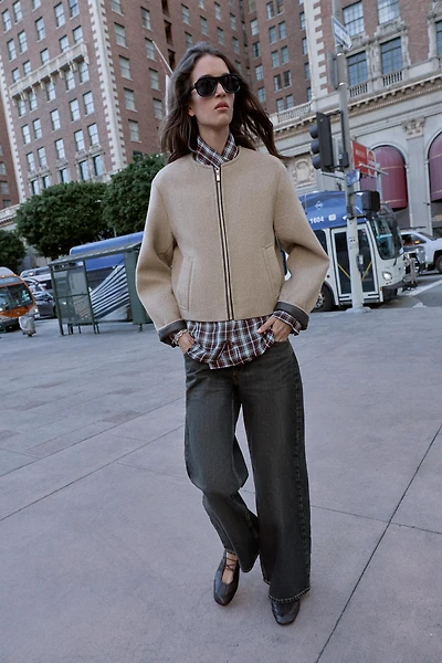 FAUX LEATHER TRIM BOMBER JACKET