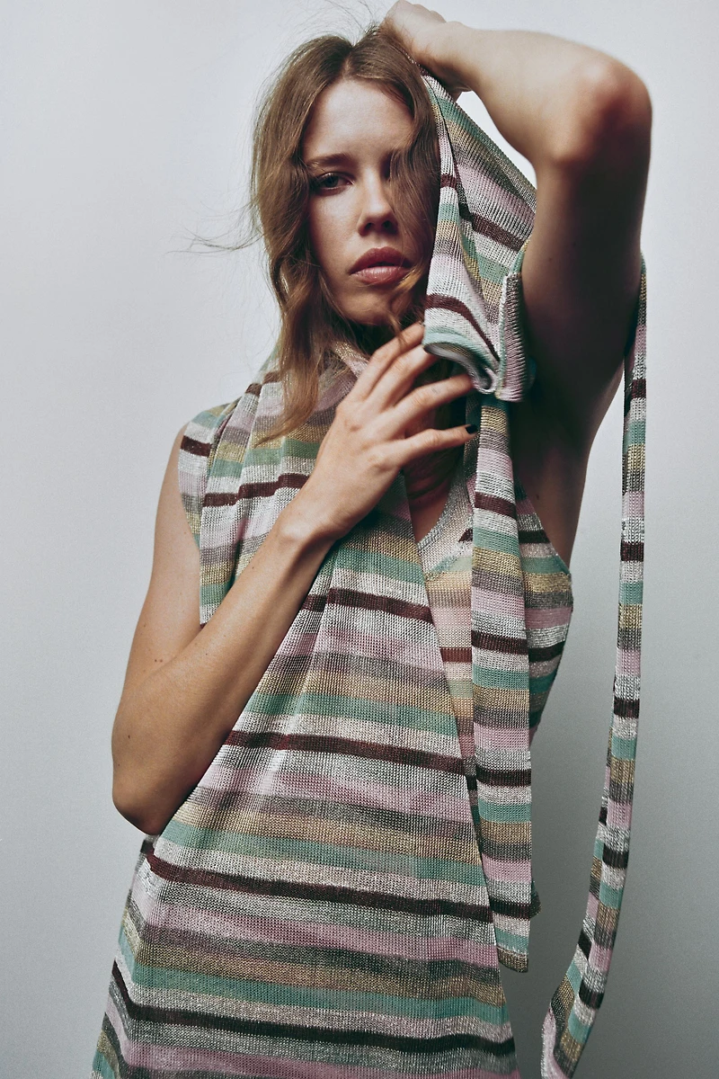 METALLIC THREAD STRIPED LONG DRESS