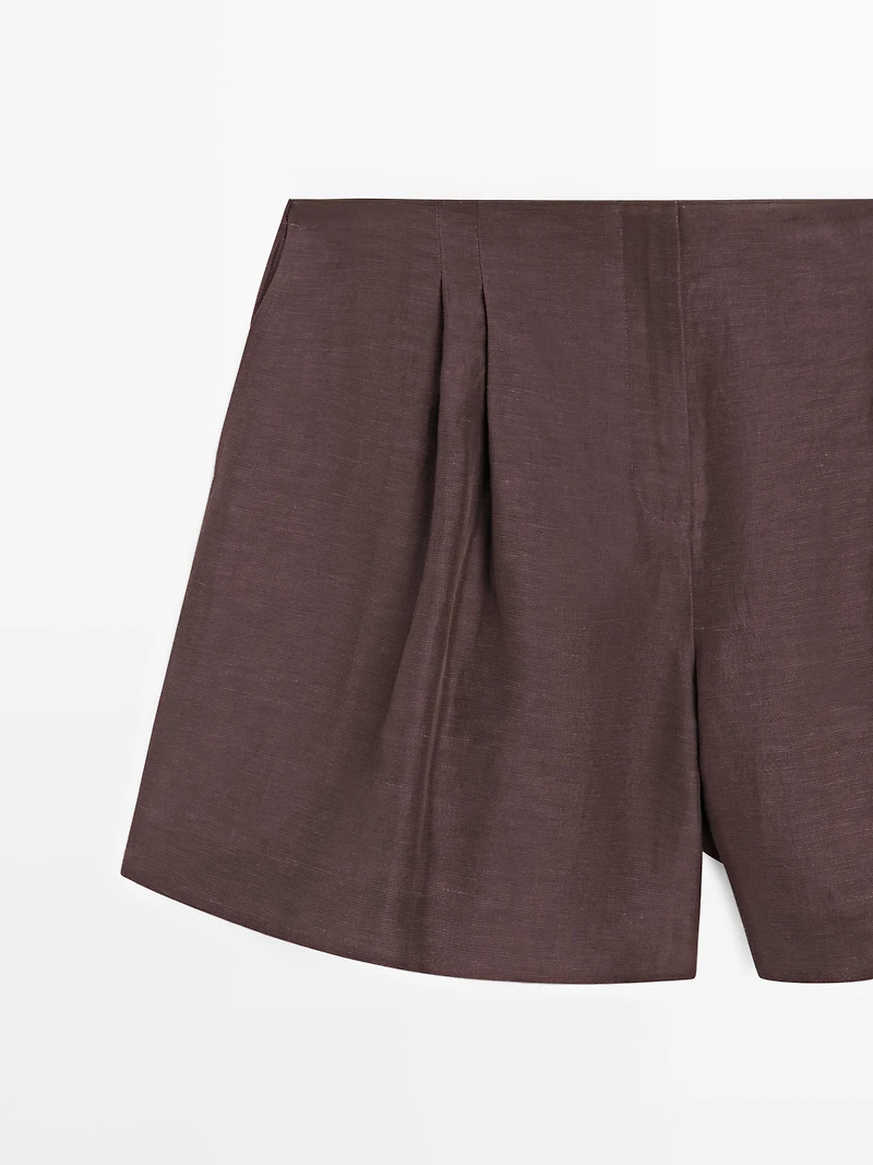 Short pleated linen blend Bermuda shorts